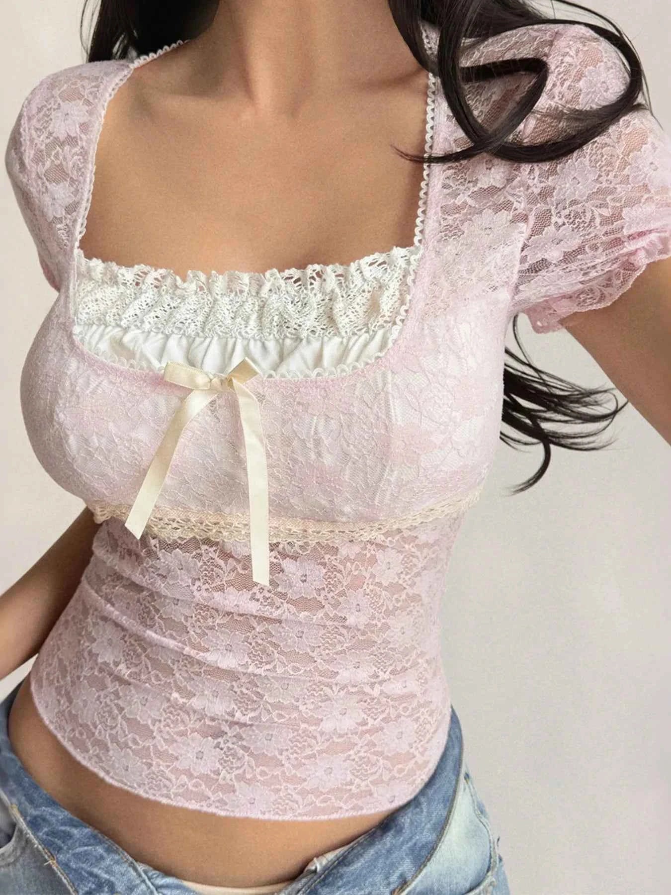 Lace Short Sleeve T-Shirt with Bow Detail 032dbb9f06164b3da1038eacaf6eb6cb-Max-Origin