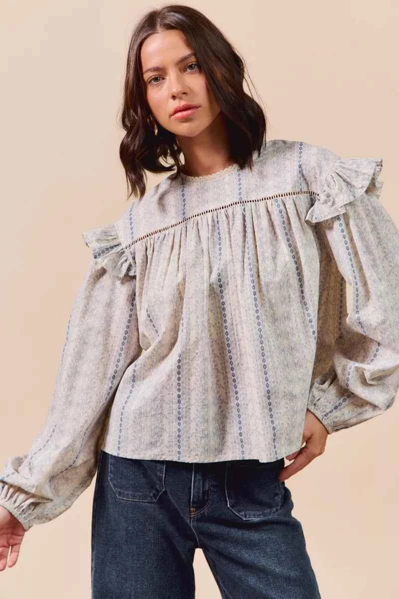 SO ME Floral Cotton Print Ruffled Long Sleeve Blouse 032f8dc9204e46a48fee89b2e5a06140-Max-Origin