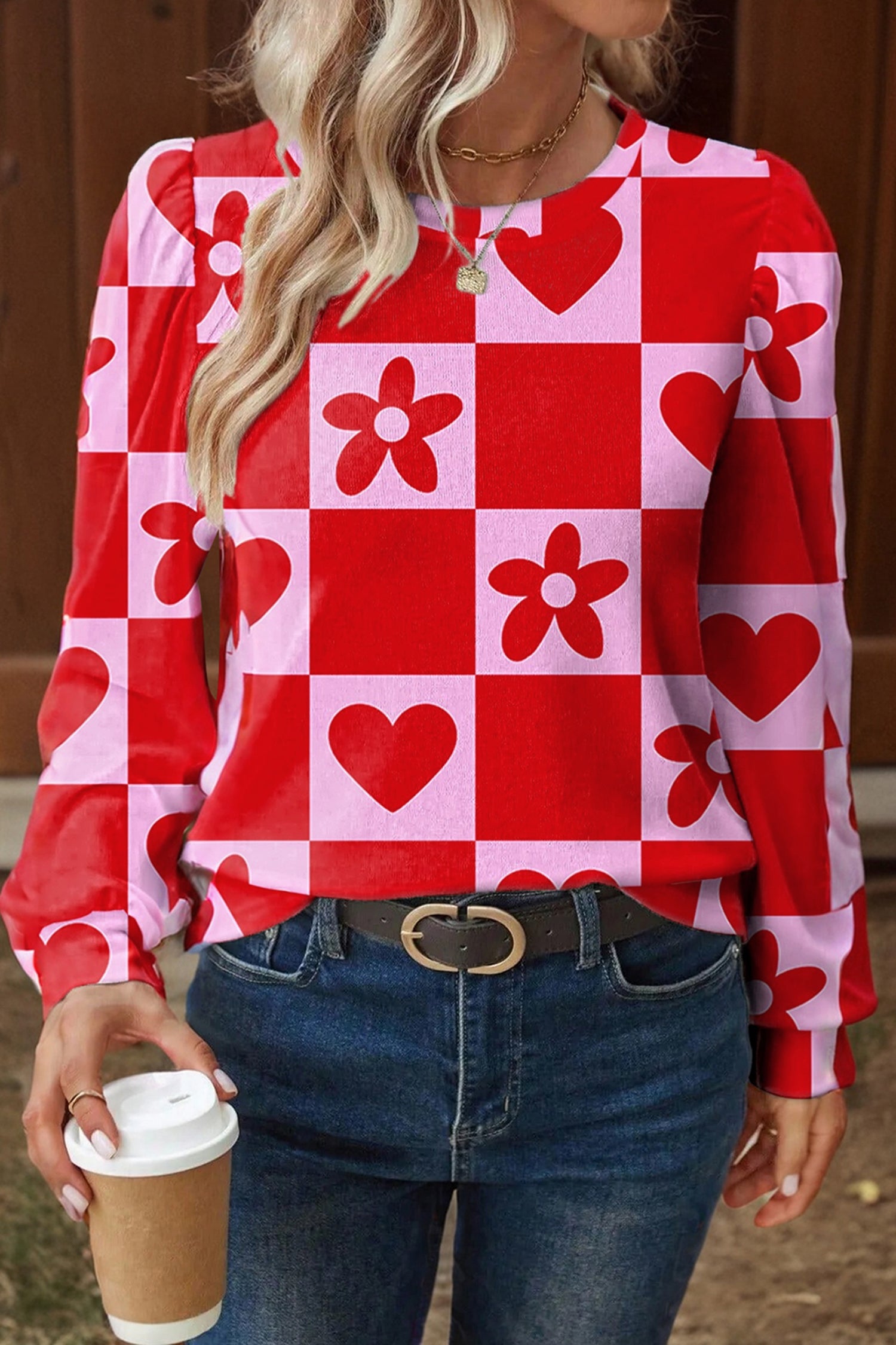 Beige Flower Heart Festive Valentine Blouse Red 95%Polyester+5%Elastane 0338083b3e6419a3