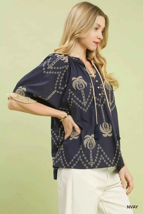 Umgee Embroidered Palm Print Tassel Tie Blouse 033828c9-99fa-4c44-8dac-1035648a5374-Max-Origin