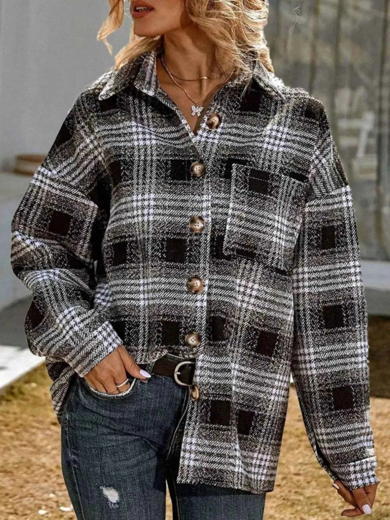 Plaid Button Up Long Sleeve Shacket Black 0338575bab9147bd93c144380bb2edf8-Max-Origin