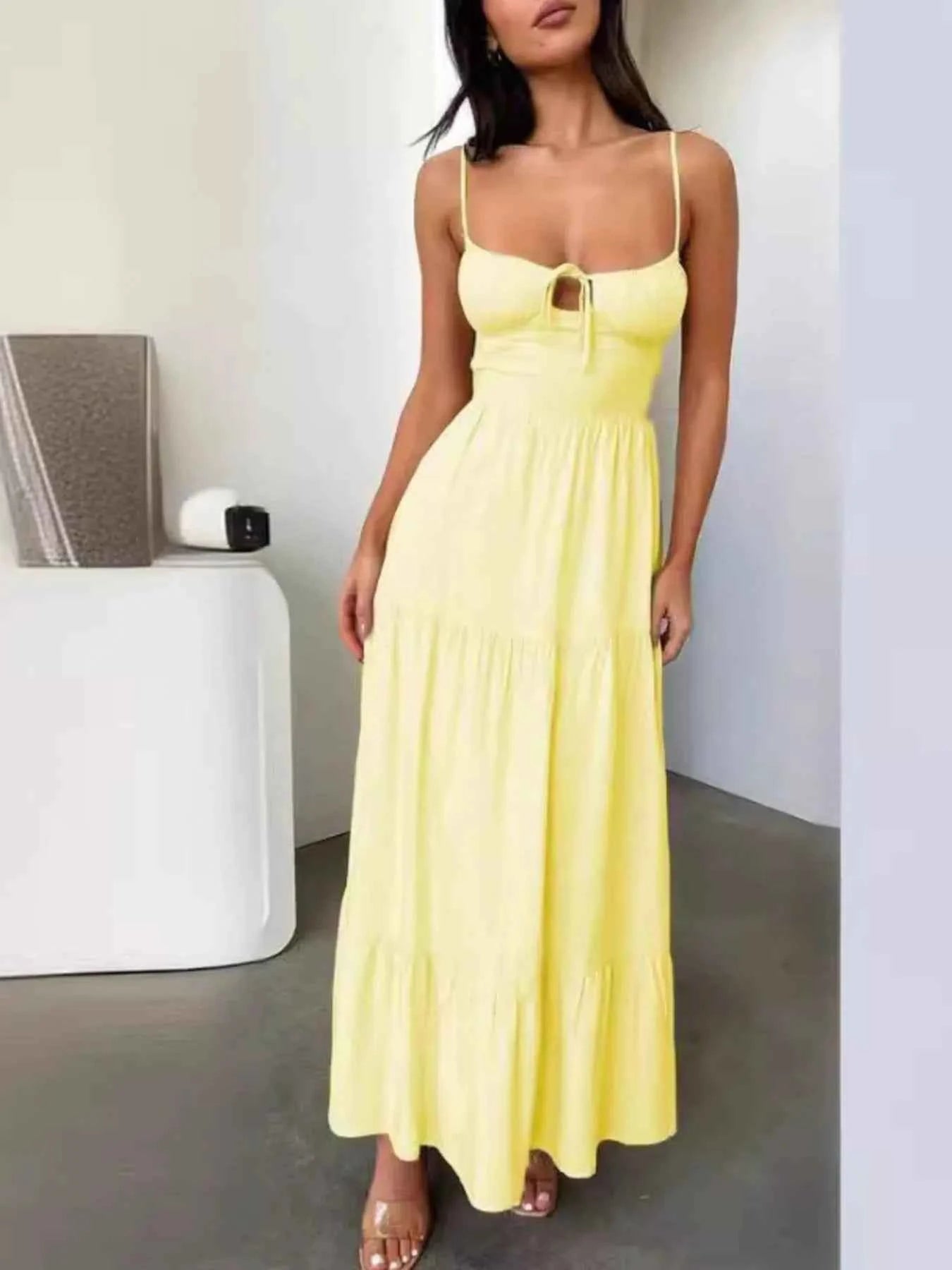 Tiered Lace Up Spaghetti Straps Maxi Dress Yellow 0338a1dd-3e6e-4c0e-9024-f9f3cc04f7c4-Max-Origin