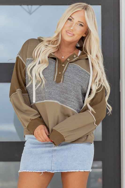 Waffle Knit Patchwork Buttoned Hooded Sweatshirt 03426bed-62da-49c0-a0c0-88ec0d71c9ee
