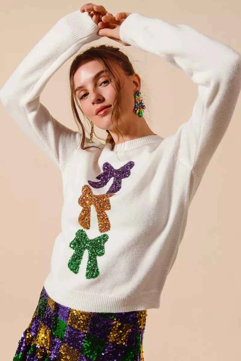 SO ME Mardi Gras Sequins Bow Ribbon Embellished Sweater 0345d8446e9c4d65b64dd2cb96cf8286-Max-Origin