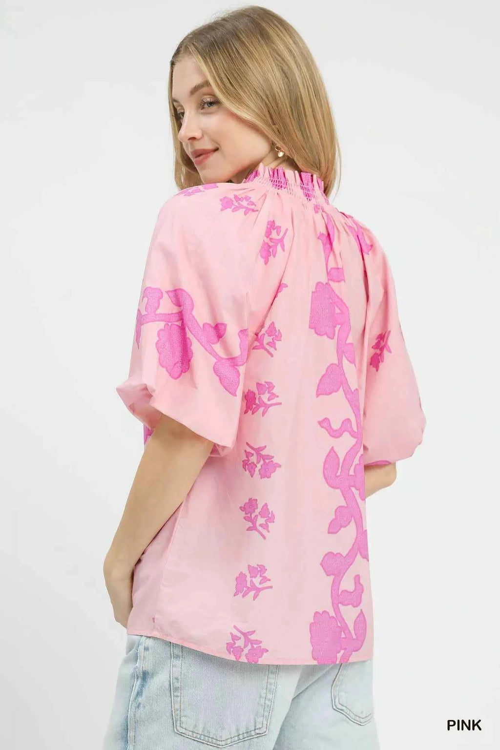 Umgee Floral Smocked Notched Puff Sleeve Blouse 034b90b6-c309-4e5f-9761-69556033baa0-Max-Origin