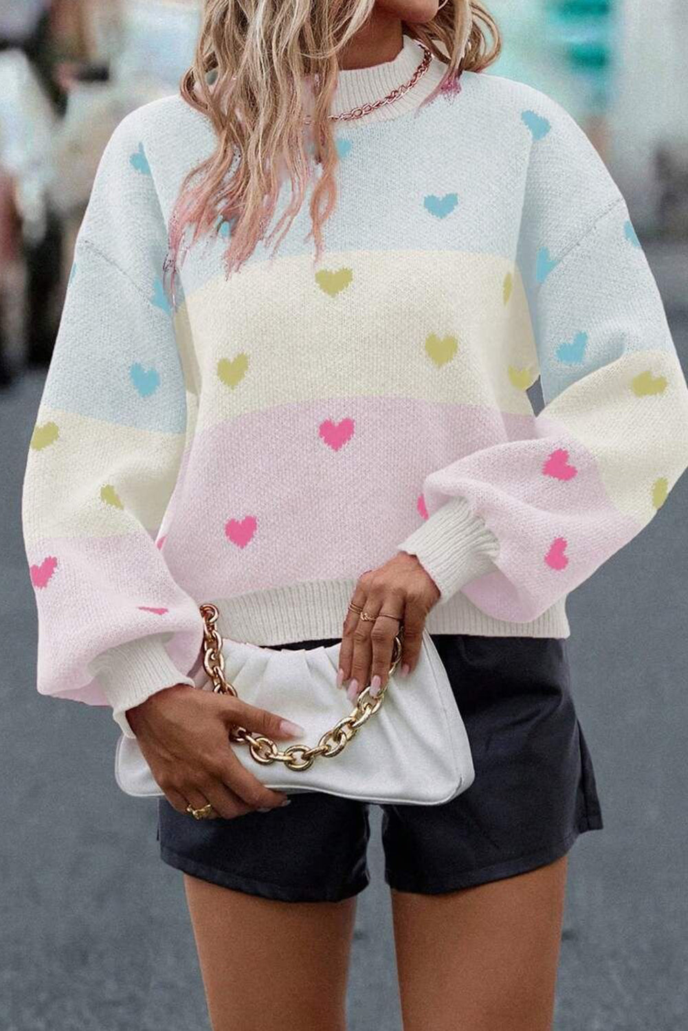 Multicolor Heart Pattern Colorblock High Neck Sweater 034c3e2f023610b2