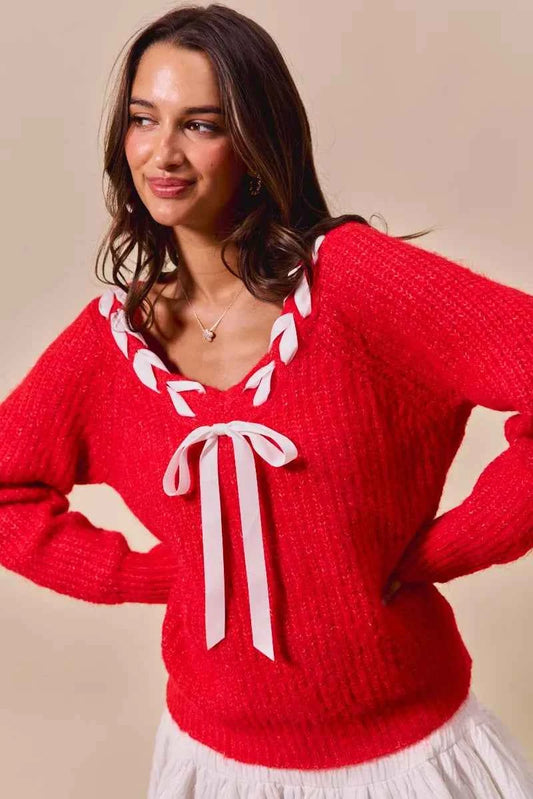 SO ME Satin Tape Braided Ribbon Tie V Neck Sweater 035504c8edef48e0a28a50503b71f386-Max-Origin