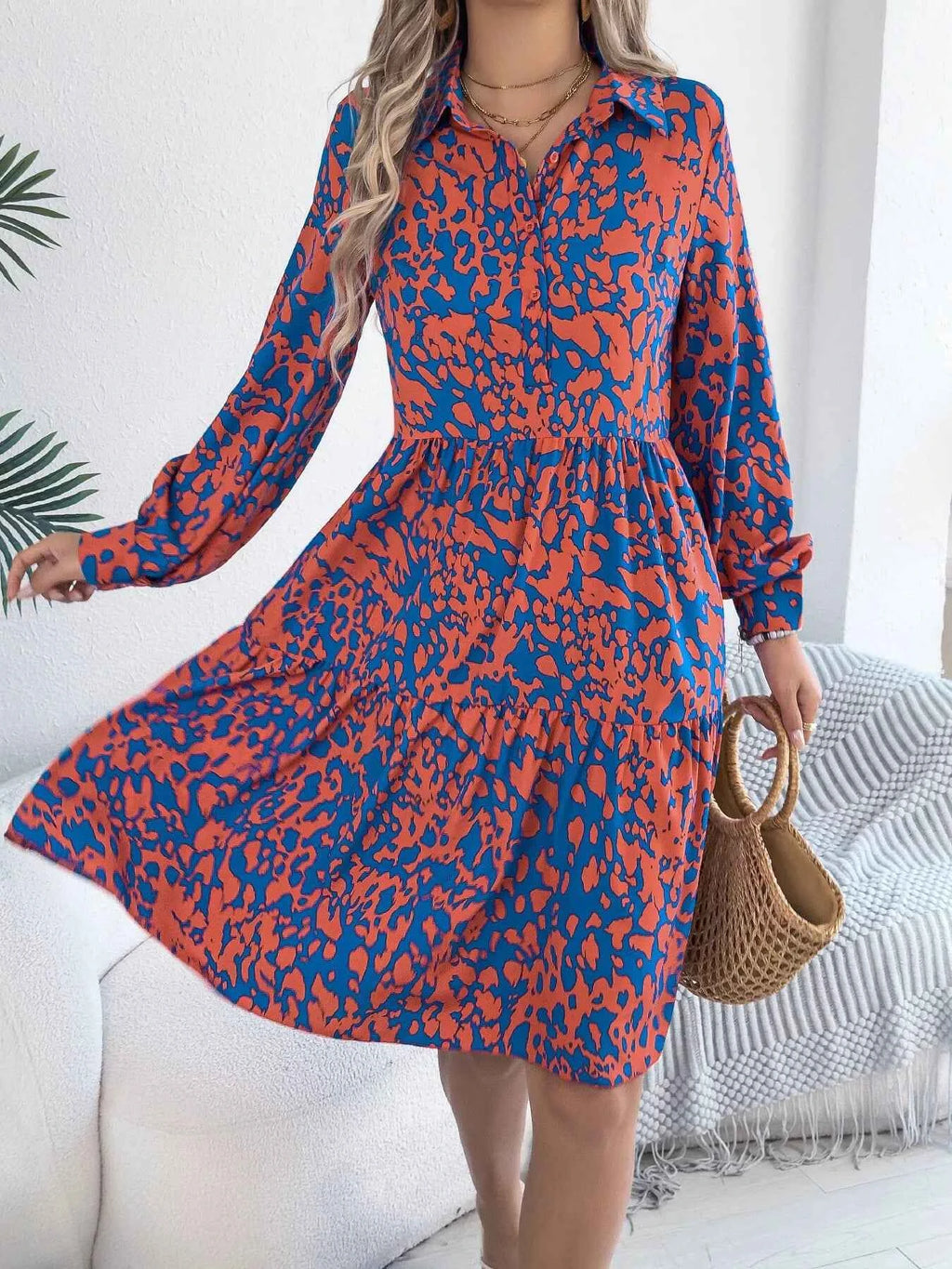 Printed Collared Neck Long Sleeve Dress 03556053eaa145418c85ed82a94c9aab-Max-Origin