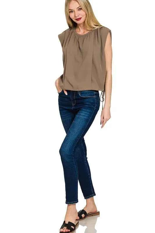 Zenana Woven Drawstring Tie Side Sleeveless Top MOCHA 0357d64f9ca644bd963db2a673c03131-Max-Origin