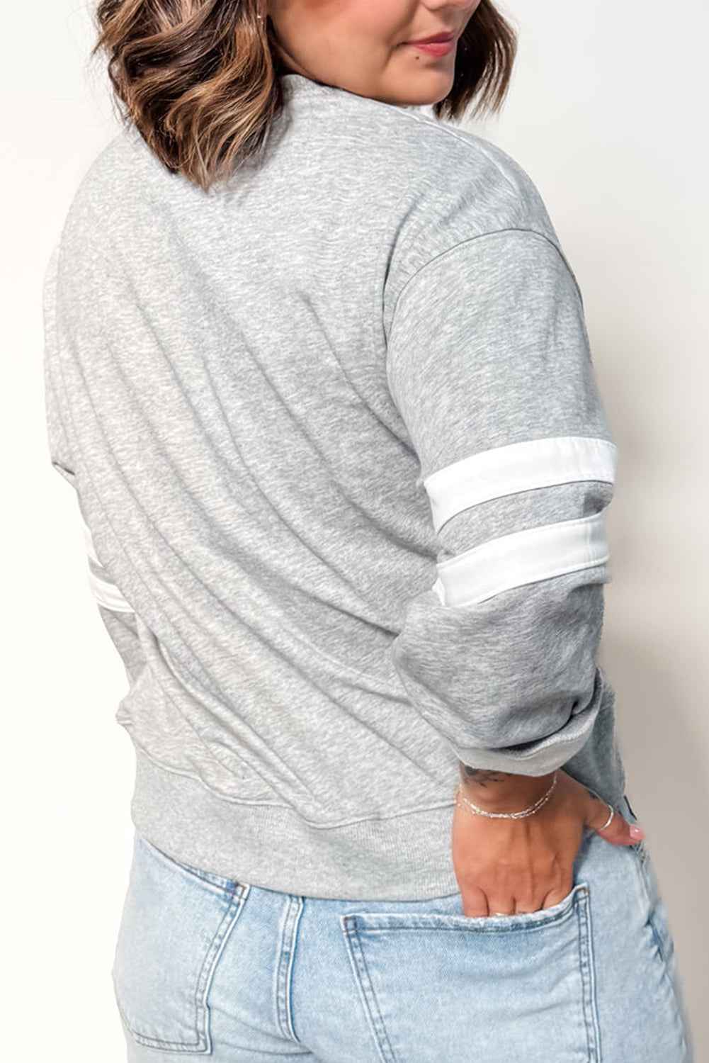 Light Grey Varsity Striped Detail Crew Neck Plus Sweatshirt 035947b19a3cf306