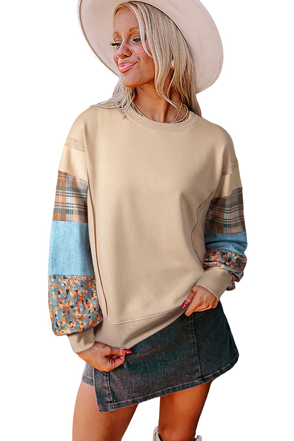 Smoke Gray Plaid Patchwork Sleeve Raw Seam Sweatshirt Smoke Gray 65%Polyester+35%Cotton 0359aa57a9b14029