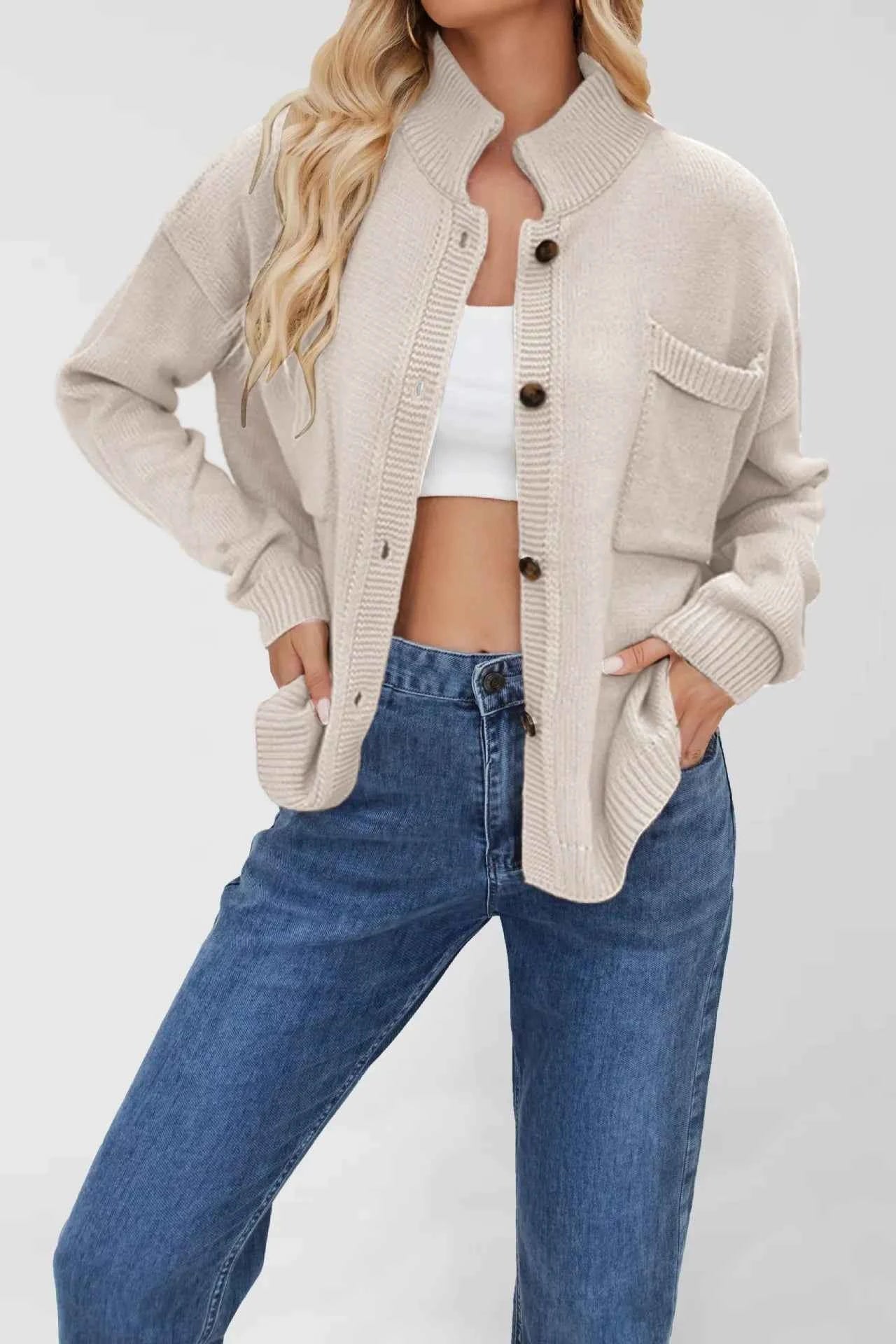 Ribbed Hem Button Up Cardigan White 035fd030-9b8c-4518-b75d-bcd332a62d94-Max-Origin