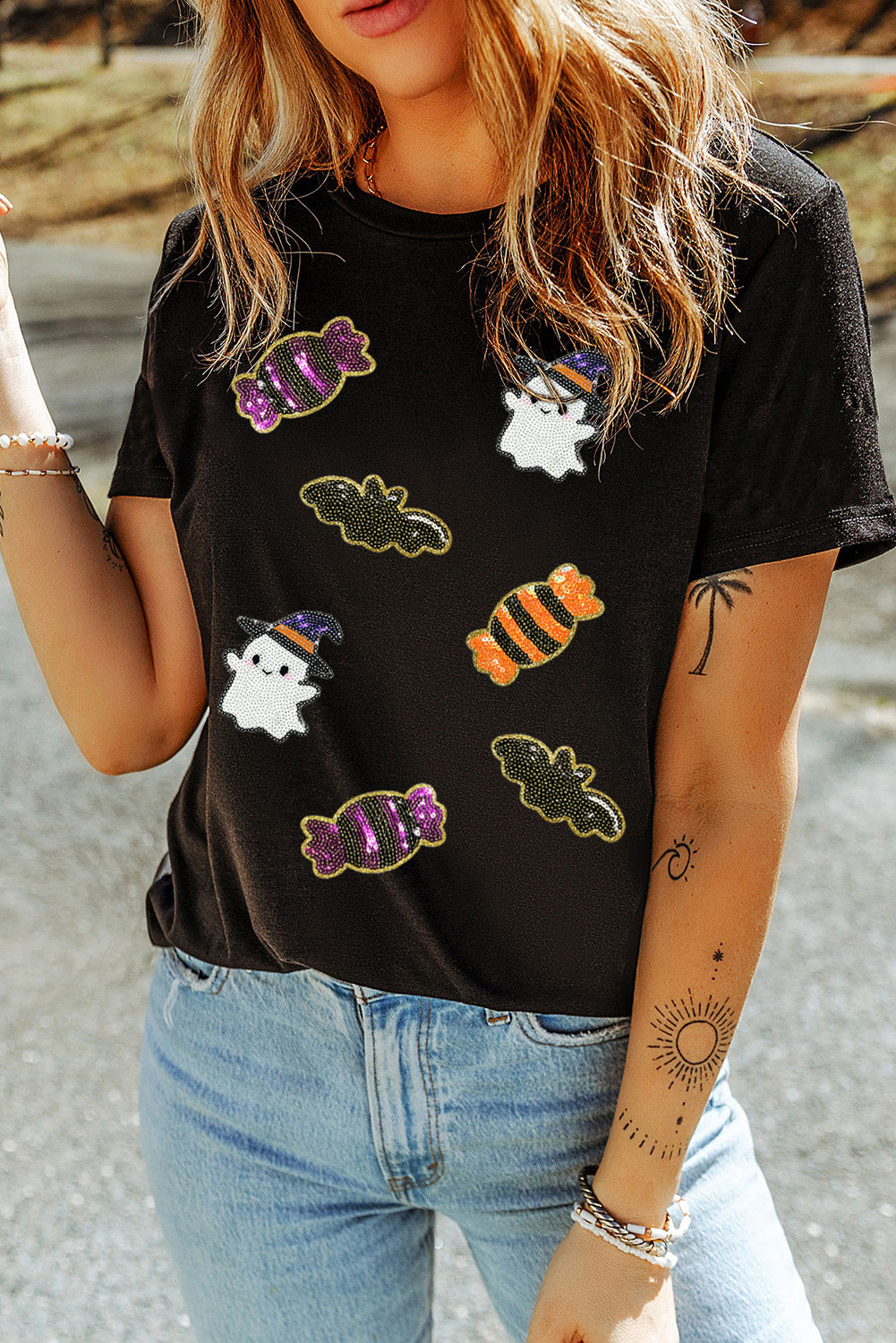 Black Halloween Spirit Pattern Sequins Patch Custom Casual Tee 03609f51ccb4c3de