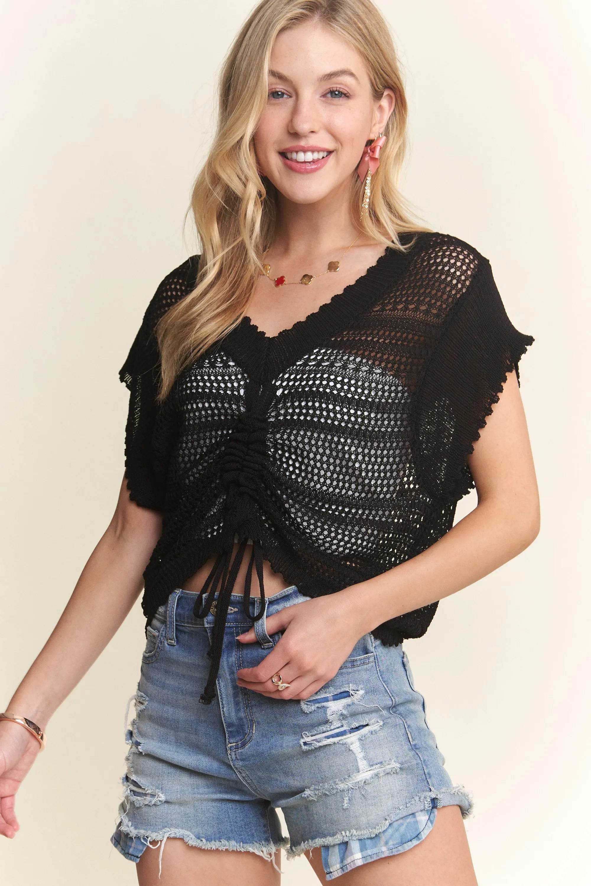 ADORA Drawstring Detail Crochet Top BLACK 03611d4273804d5c879e9d296412f6b2-Max-Origin