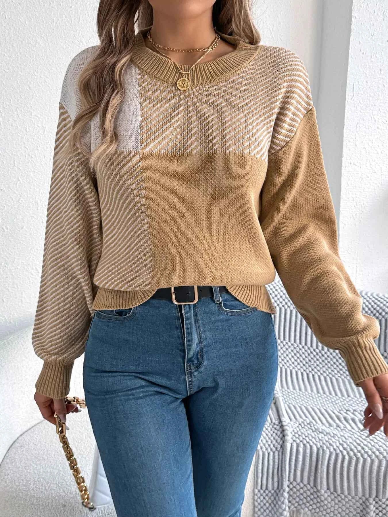 Color Block Striped Round Neck Sweater 0367cc2d-92e1-4367-8713-277e25b768f7-Max-Origin