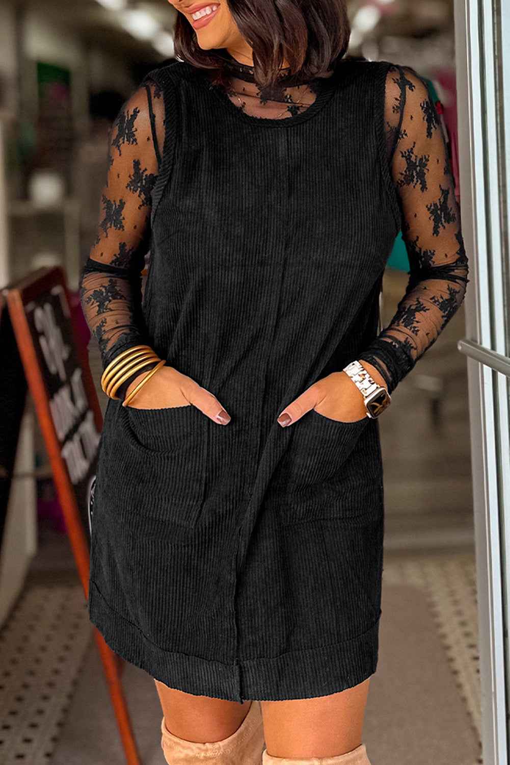 Black Corduroy Exposed Seam Sleeveless Mini Dress Black 100%Polyester 0368d7fd54f788fa