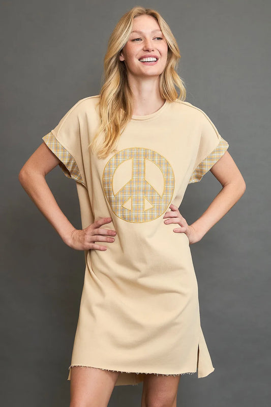 Umgee Peace Plaid Applique Short Sleeve Mini Dress Pastel Yellow 036cde2b-060d-4e4e-bdd3-110a027803aa-Max