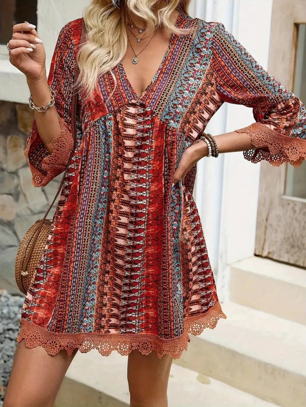 Lace Trim Printed V-Neck 3/4 Sleeve Dress Rust 03769f61-4794-4ce3-b865-00091d49cebd-Max