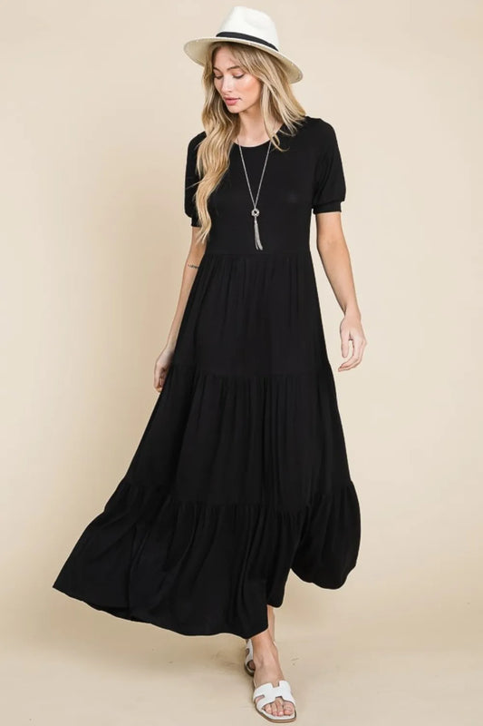 Short Sleeve Tiered Maxi Dress - Ruched Flowy Style 037b73e5-ccd9-4ecc-ab8b-f6471c218618-Max