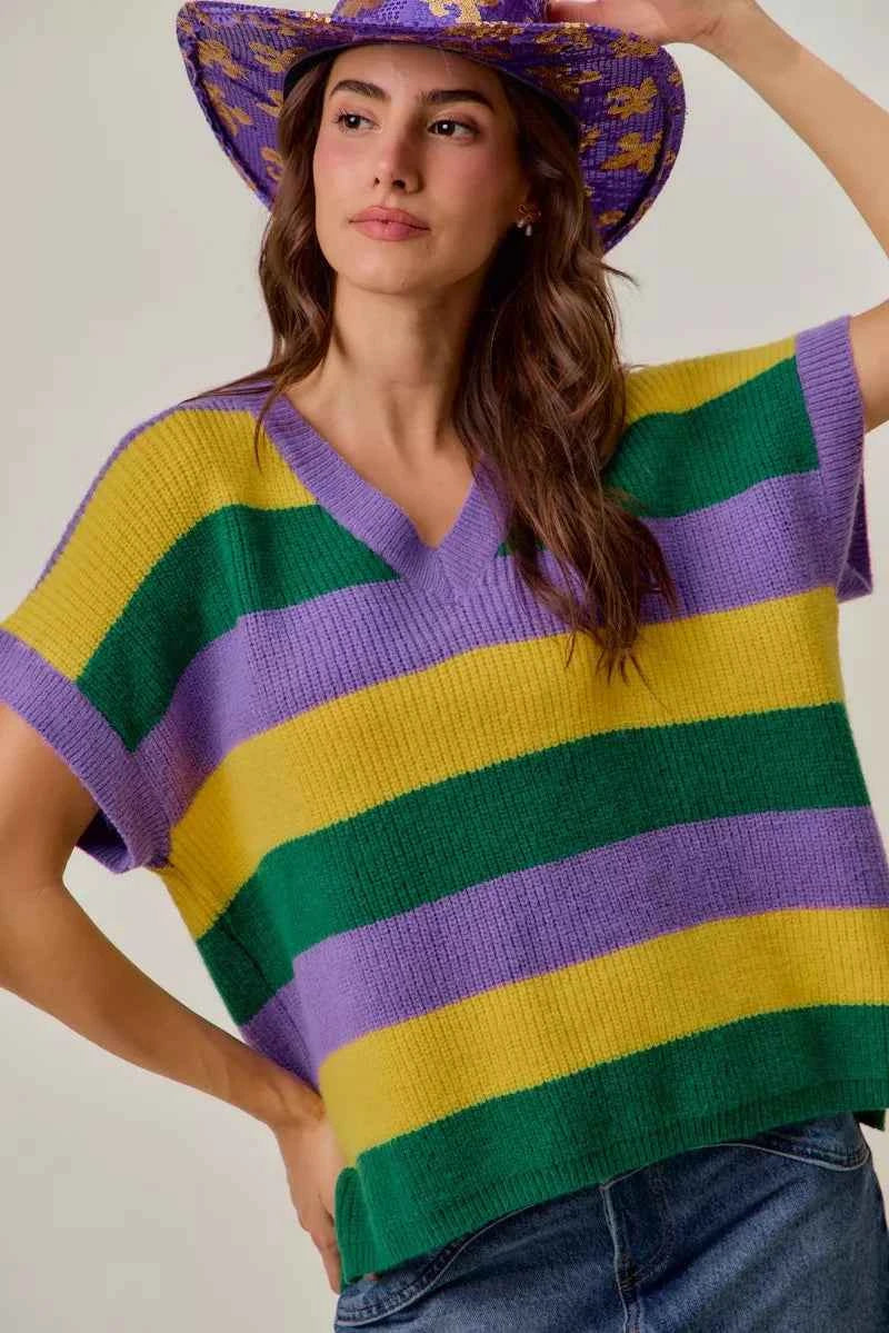 SO ME Mardi Gras Loose Fit V Neck Stripe Sweater Top 03875fb6a3f647c9b8c3aa2ac81da086-Max-Origin