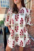 White Floral Print V Neck 3/4 Sleeve Loose Mini Dress White 100%Cotton 038c3c91f90f27b5