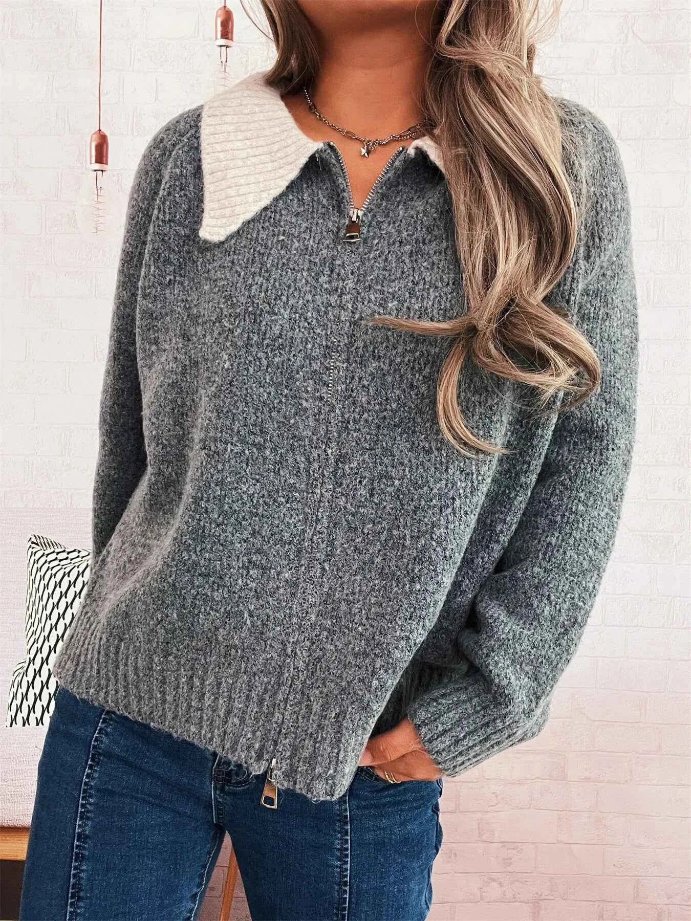 Contrast Collar Zip-Up Cardigan 038c8a2aece74306b741d14c3930a1fb-Max-Origin