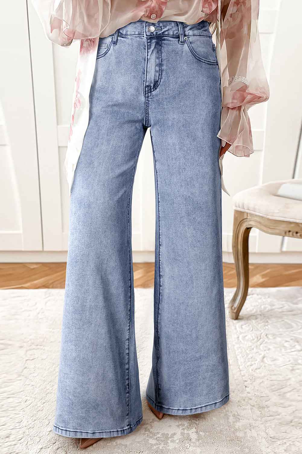 Beau Blue Button Zip High Waist Flared Hem Jeans Beau Blue 75%Cotton+23%Polyester+2%Elastane 038d8bb8e2a657ac