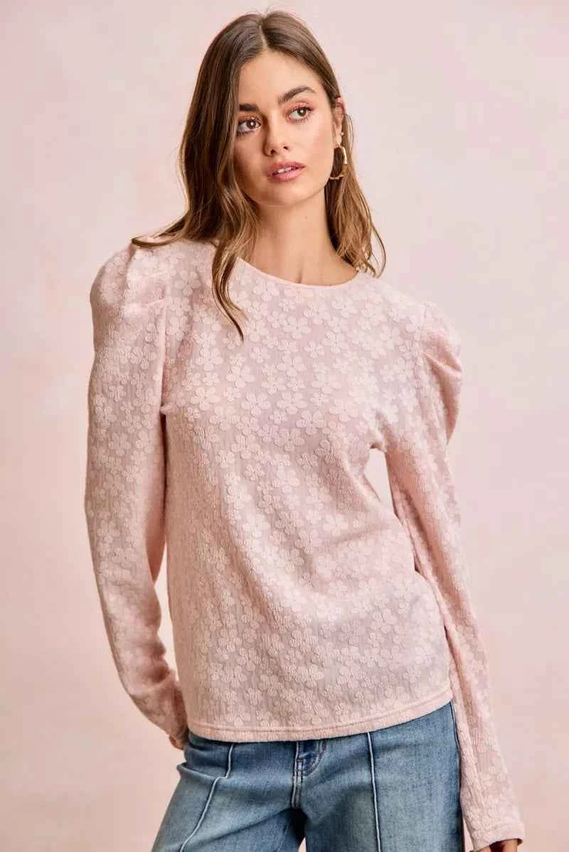 BiBi Textured Flower Knit Puff Shoulder Top 0390a555ec9d4e978fbd5b56d35cd80a-Max-Origin