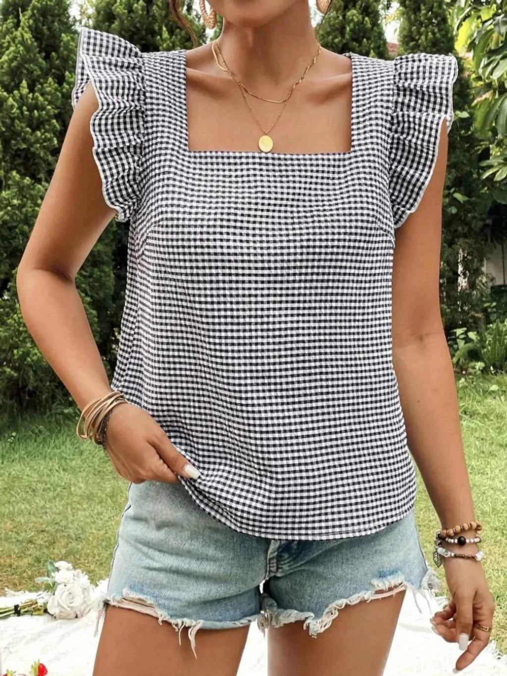 Gingham Ruffle Sleeve Square Neck Blouse Black 0396413b-94b8-4516-ac98-ec7ca7240440-Max-Origin