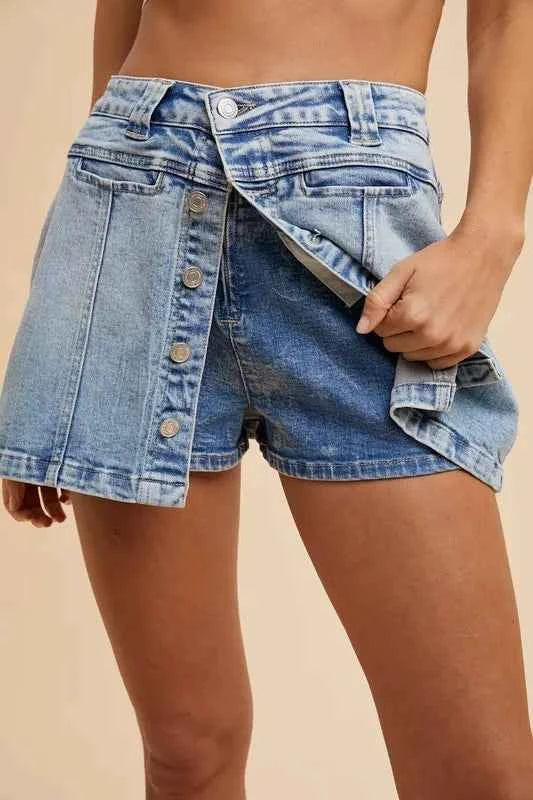 Button Detail Stretch Denim Wrap Mini Skort 039891c942ee444f875bad44b8d59b84-Max-Origin