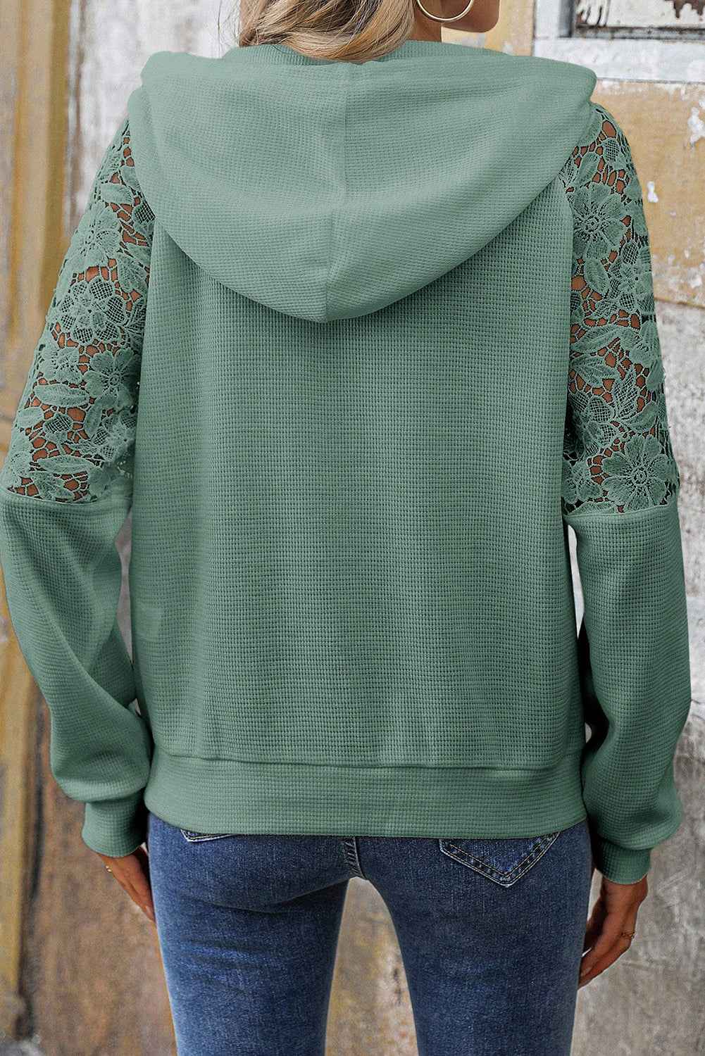 Gossamer Pink Lace Patchwork Raglan Sleeve Kangaroo Pocket Waffle Hoodie 039bb069ed140e19
