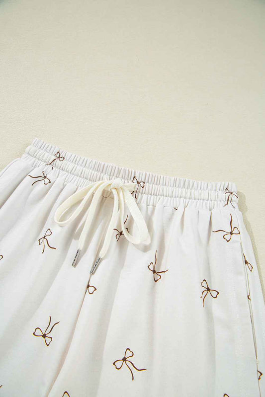 Beige Bow Print Half Zip Tank Top and Shorts Set 039e29f3871399e1