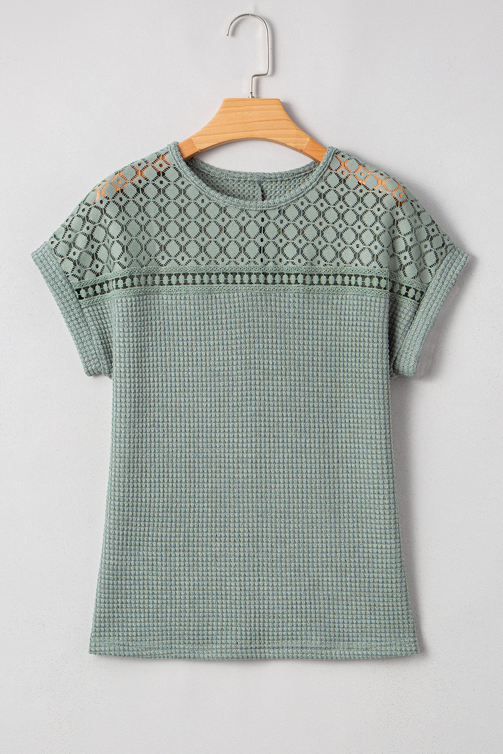 Mist Green Hollow Patchwork Waffle Knit Top 039fb723e6108976