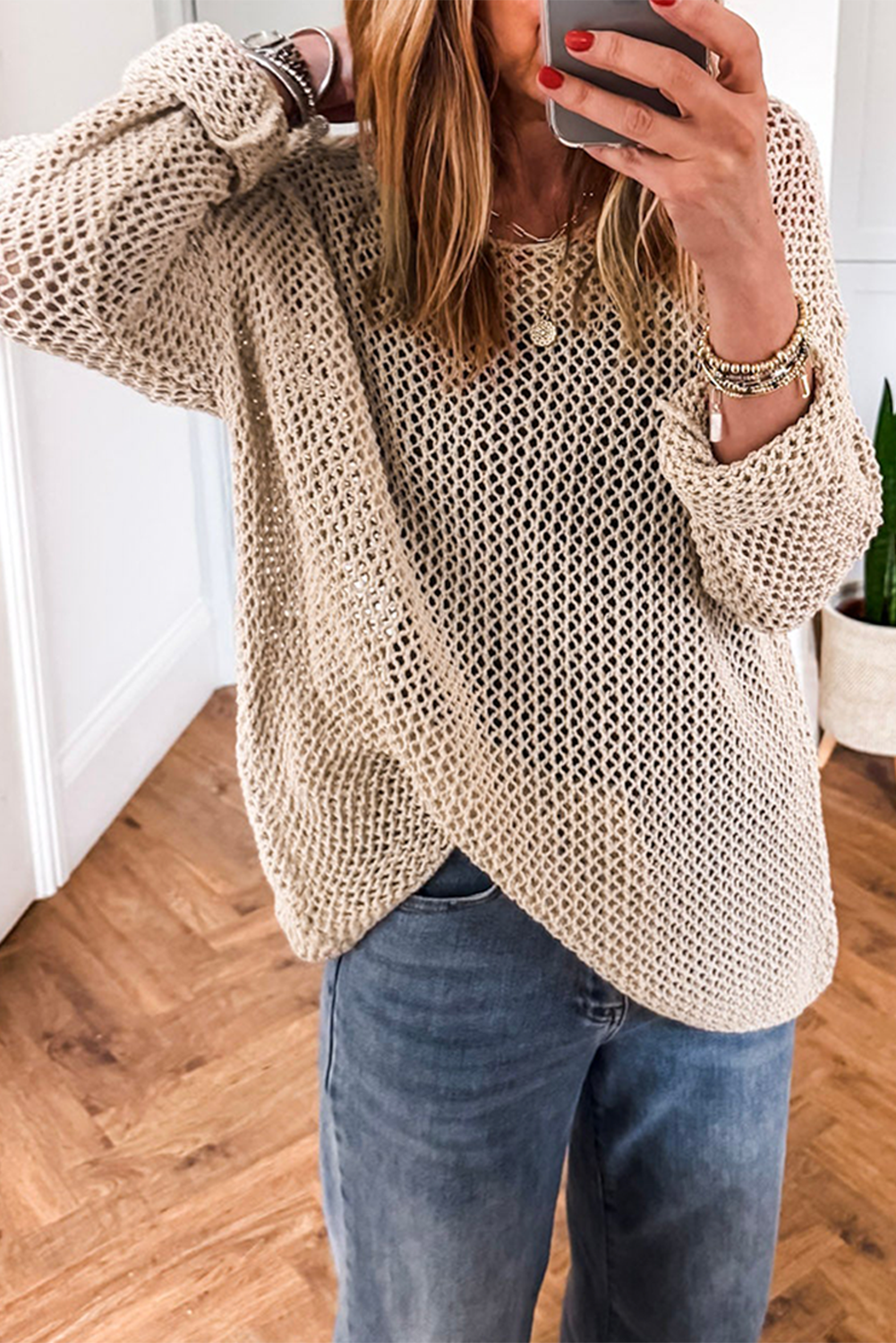 Coral Crochet Hollow-out Knit Sweater Smoke Gray 100%Acrylic 03a2990ce606212e