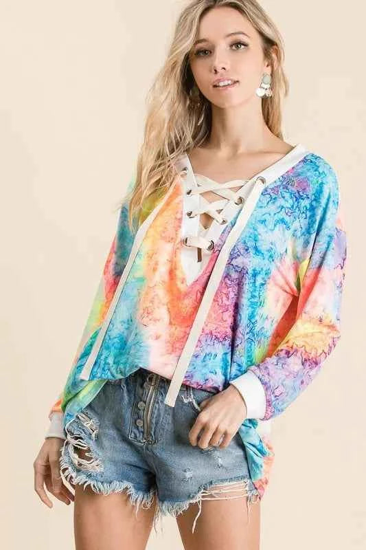 BiBi Tie Dye Deep V-neck Top With Lace Up Front TIE DYE 03a6926414a441638188cdc827080af4-Max-Origin
