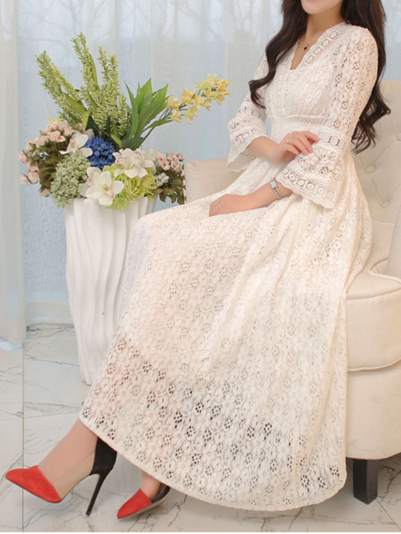 Lace 3/4 Sleeve Midi Dress White 03a9d600-86d1-490a-a087-3972a486fb01-Max