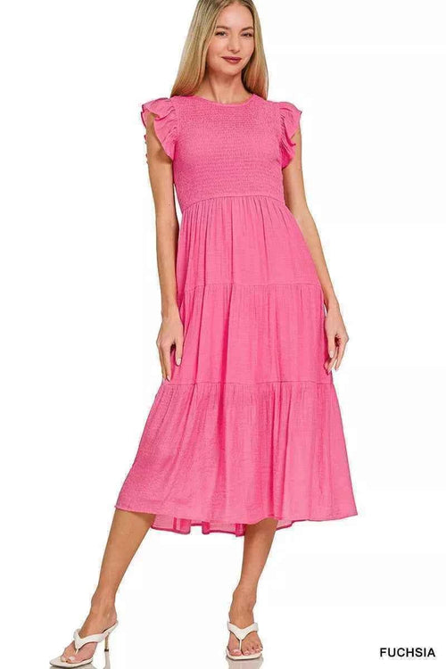 Zenana Woven Smocked Ruffle Sleeve Midi Dress FUCHSIA 03ae20155af54494a6fcd66a569390b7-Max-Origin