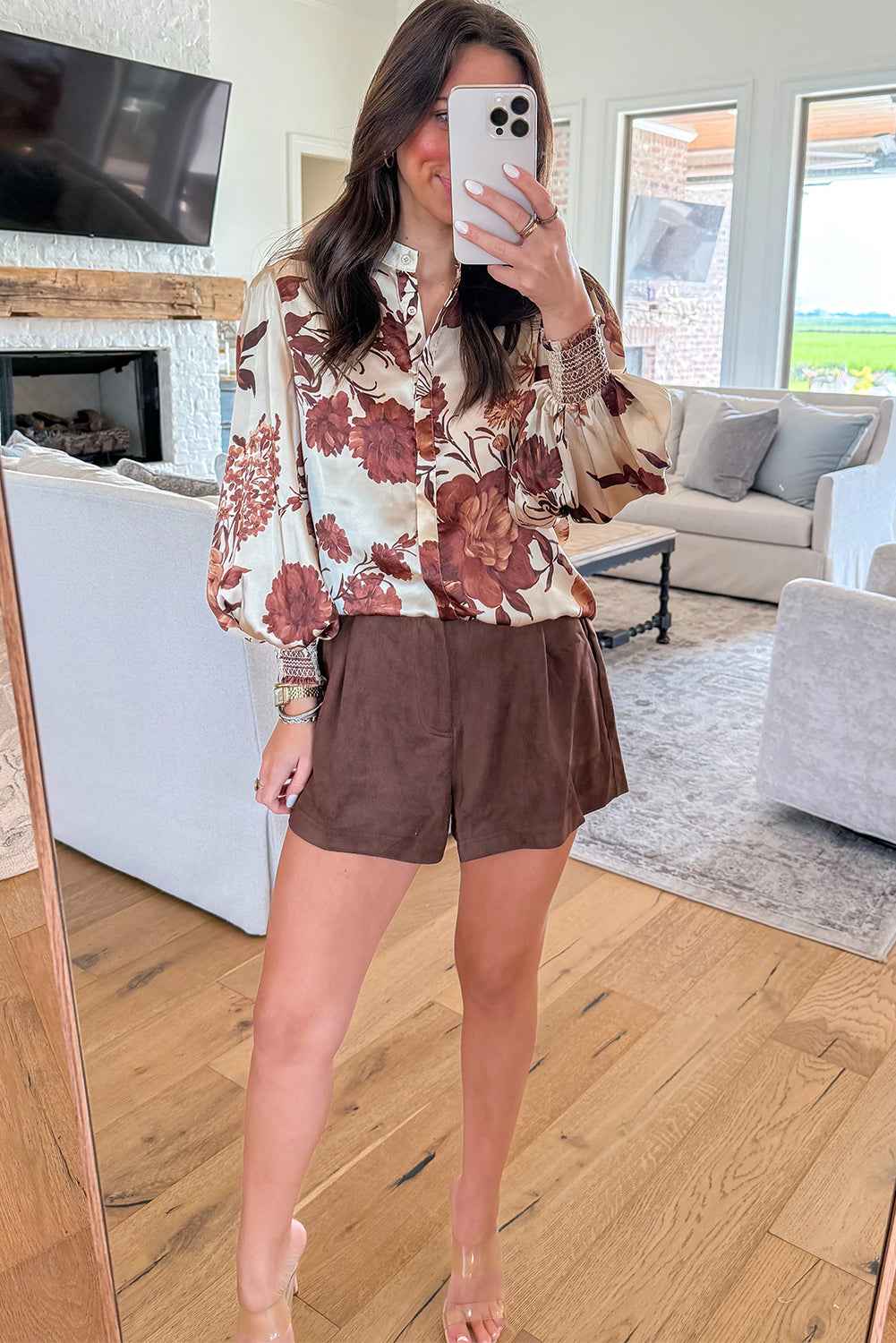 Brown Floral Print Button Down Poet Sleeve Shirt 03ae9babdf7aa363