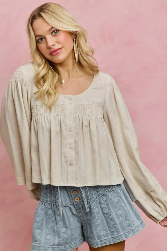 Linen Blend Long Sleeve Smocked Top - Buttoned Loose Fit 03b15804-51ef-41d8-aef7-bb1c67c20fc0-Max-Origin