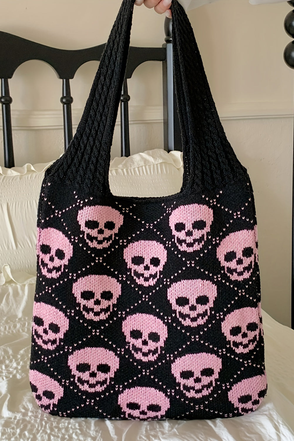 Black Plaid Skull Knit Tote Bag 03b6770e9dc0ae3e