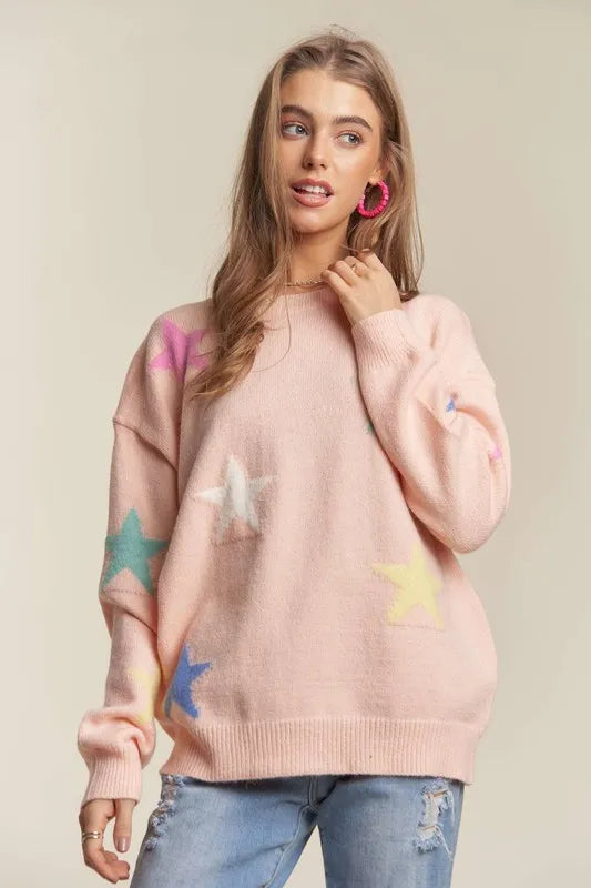 ADORA Stars Pattern Round Neck Drop Shoulder Sweater 03ba8f5f-f46b-4037-8f39-baa11cdaa48d-Max