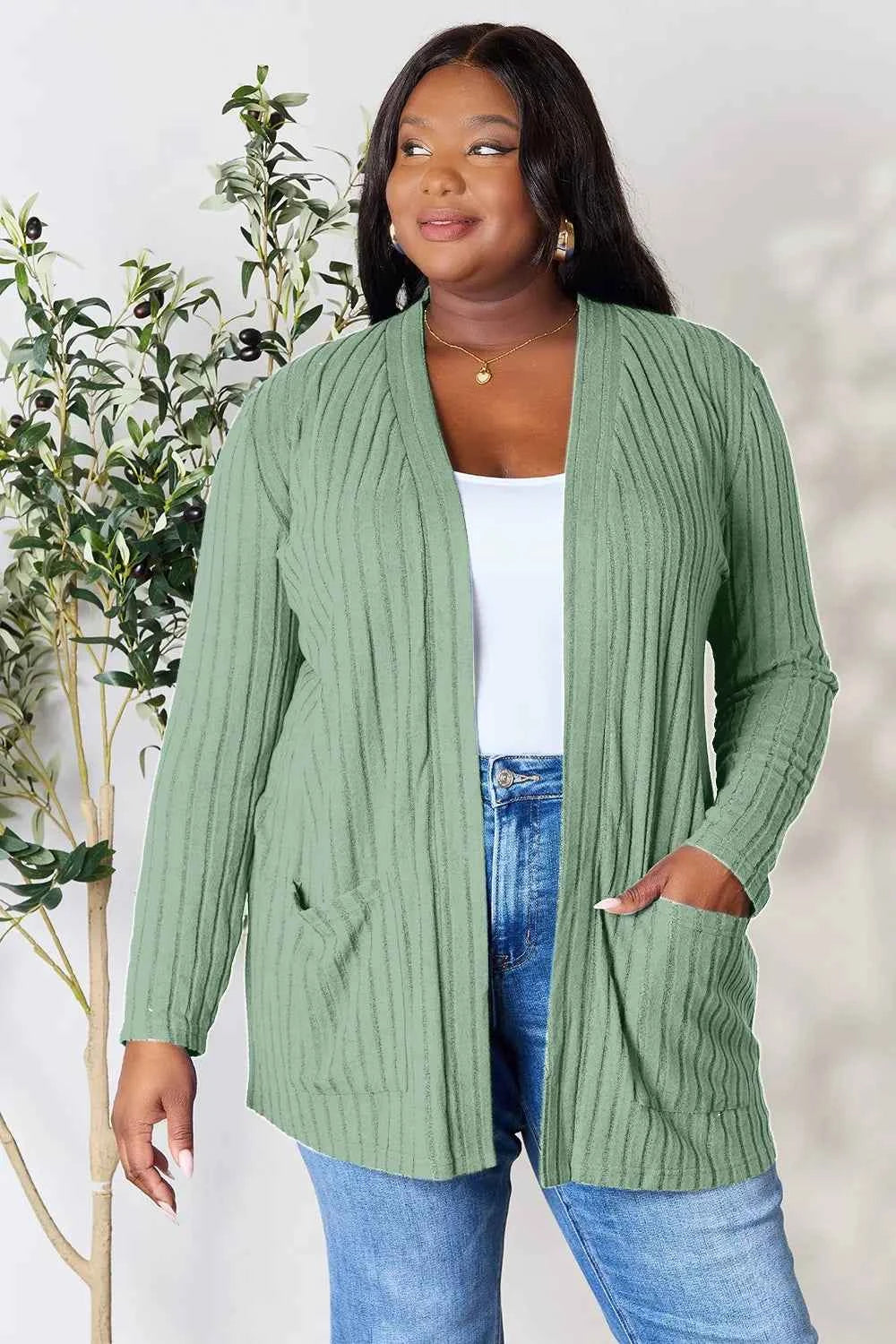 Basic Bae Full Size Ribbed Open Front Cardigan with Pockets Light Green 03bb4b7c6a6a4636b03124e35b7e58f0-Max