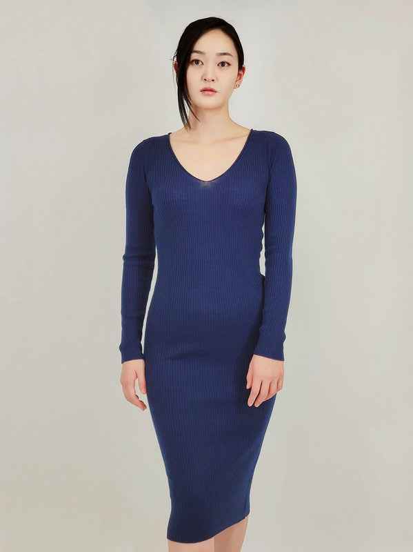 V-Neck Sheer Ribbed Knit Long Sleeve Sweater Dress Navy 03c25530-8ebe-4ce1-8355-85156e172e46