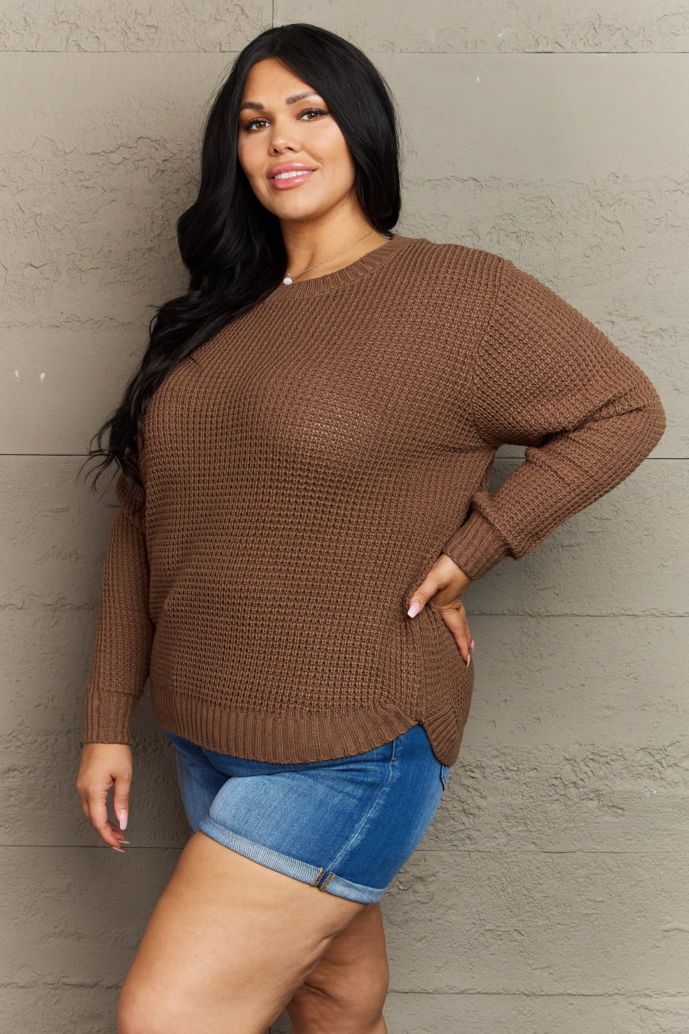 Zenana Breezy Days Plus Size High Low Waffle Knit Sweater 03c6de363ddd460fa114dbb82d8d19a4-Max