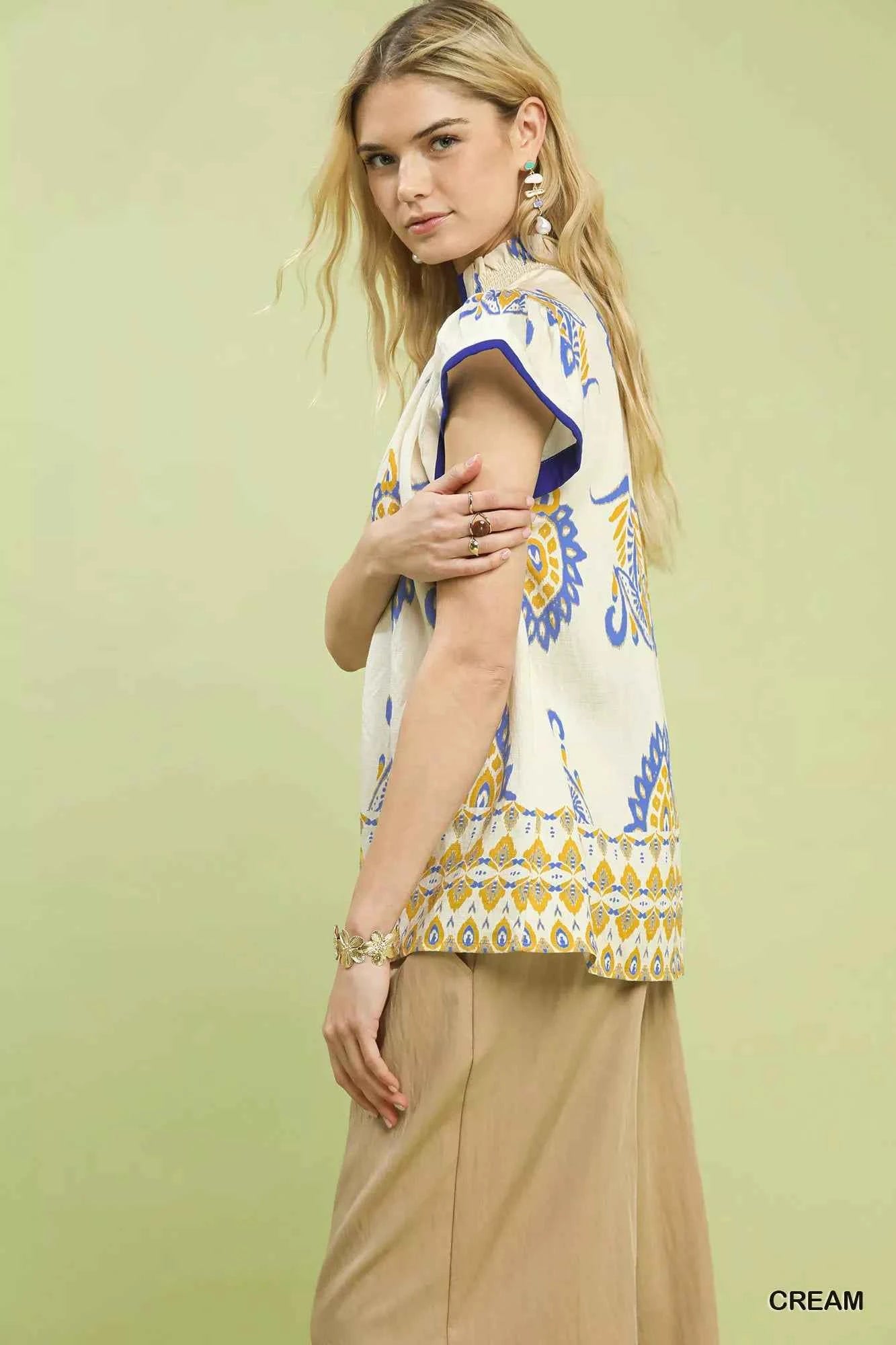 Umgee Border Print Split-Neck Boho Top 03cb7afd-bd29-425e-b982-e48b15456497-Max-Origin