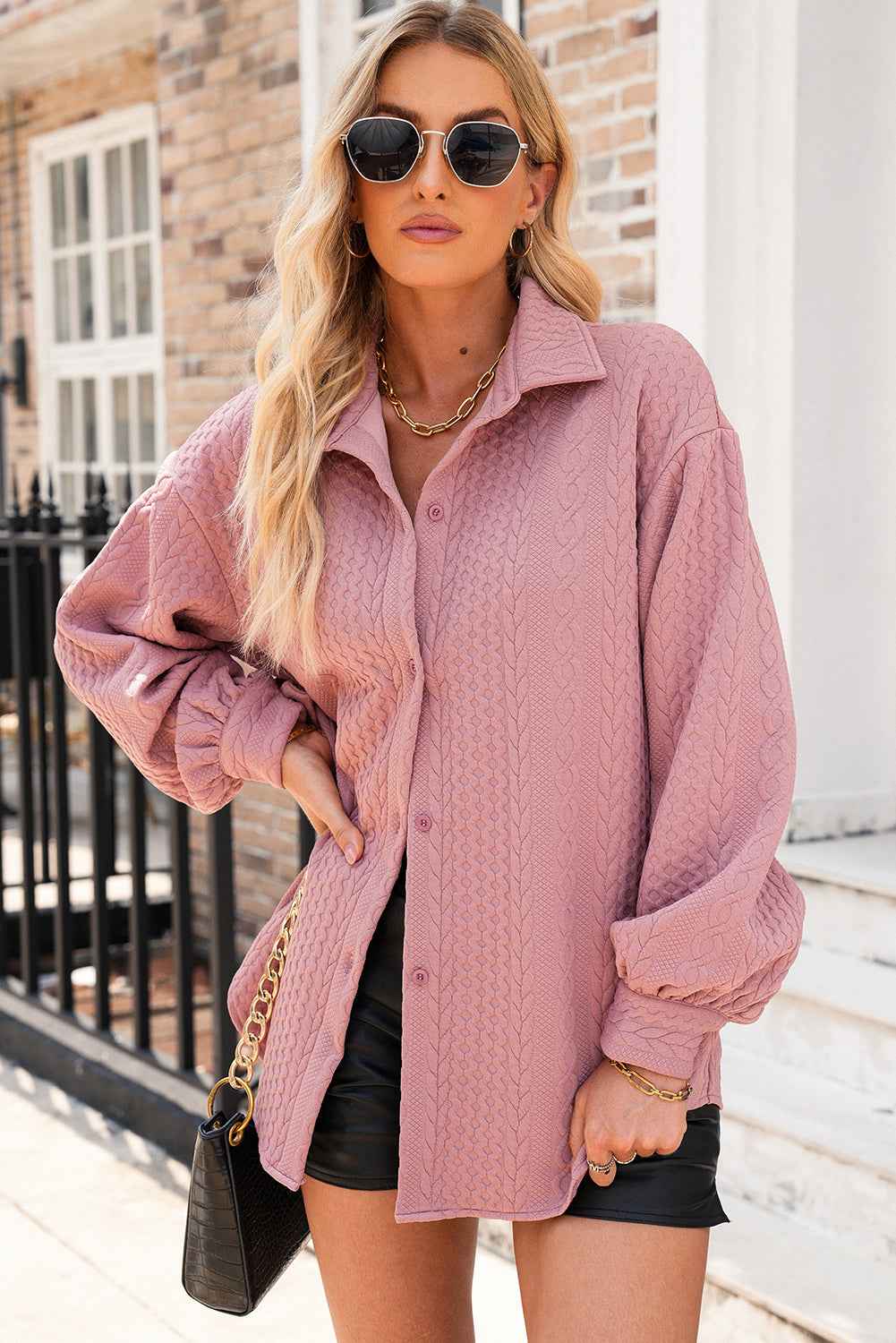 Sepia Rose Cable Texture Puff Sleeve Loose Shacket 03cc333006c1d775