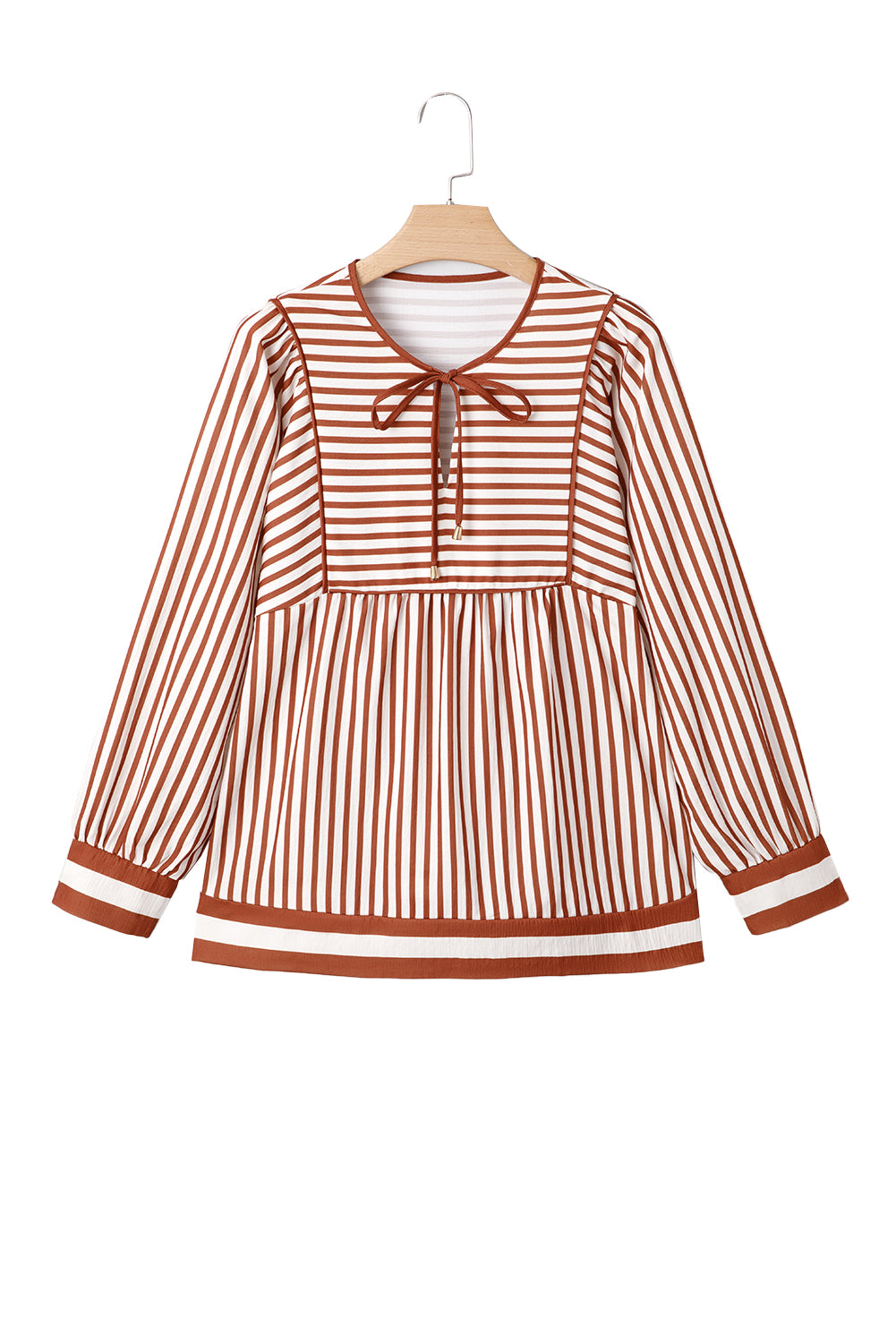 Brown Striped Drawstring V Neck Blouse 03d18747f796ff50