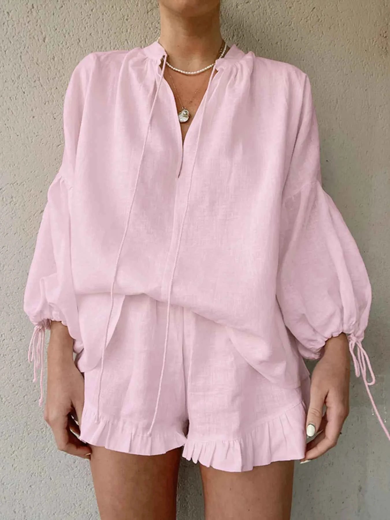 Tie Neck Balloon Sleeve Blouse and Shorts Set Blush Pink 03dba3d70d894b2db8b393d80e0ce467-Max-Origin