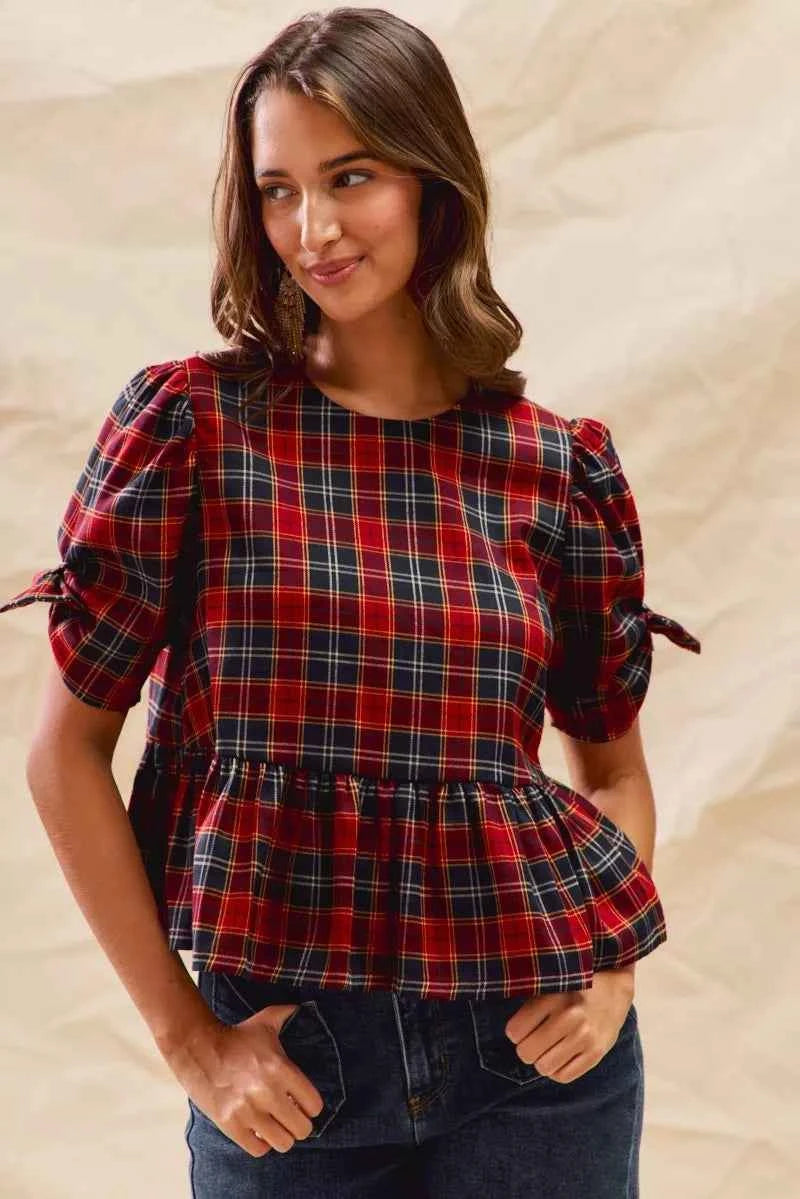 Christmas Holiday Plaid Ribbon Short Sleeves Top 03dbf20e20a64bb8b997946febb41fa2-Max-Origin