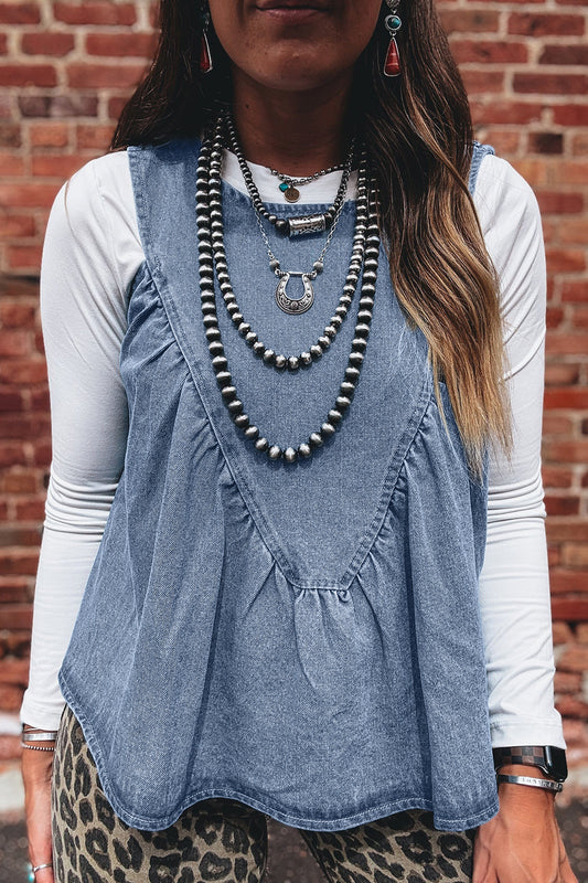 Myosotis Denim Pleated Patchwork Sleeveless Top 03e1349e6e1723fc